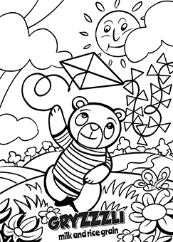 Kolorowanka z misiem Gryzzzli puszczający latawce